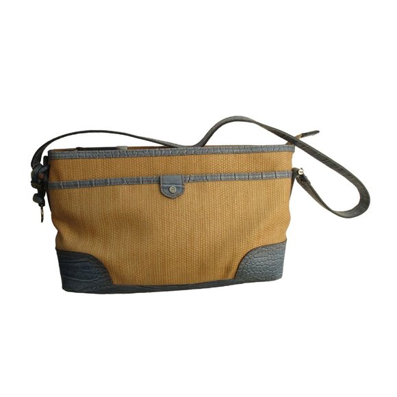 *Etienne Aigner Vintage Satchel Shoulder Bag Rattan Blue Croc Leather Trim - Picture 1 of 10
